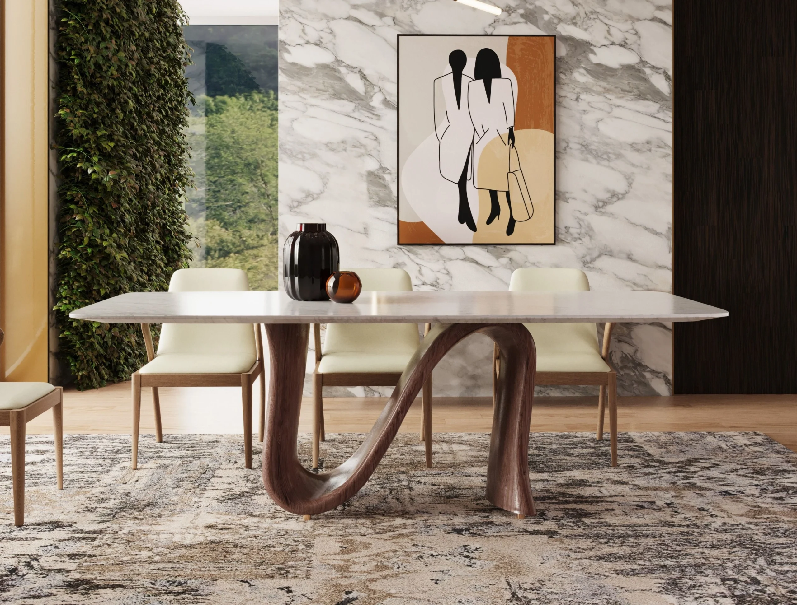 Contemporary interior featuring walnut furniture, including custom built-in shelving, sculptural dining and coffee tables, and refined living room furniture set within warm neutral spaces accented by marble, soft textiles, and natural light.