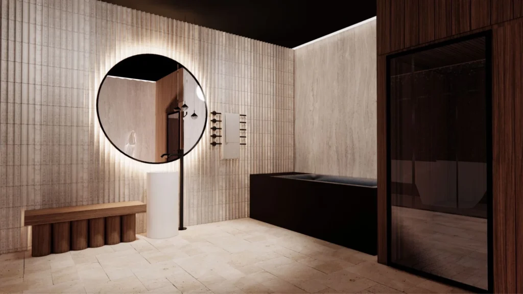 Minimalist luxury bathroom interior with stone surfaces, architectural lighting, and custom-designed elements, emphasizing timeless high-end interior design and material restraint.