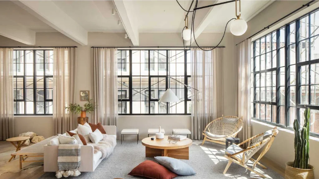 Low modular sofas and modular sectional sofas in a refined New York loft interior design setting, featuring open-plan living room furniture, exposed brick walls, high ceilings, panoramic windows, neutral textures, and contemporary luxury urban architecture.