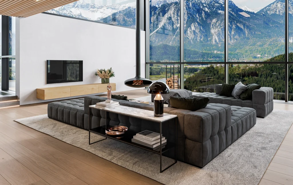 Luxury modular sofas showcased in refined contemporary living rooms, from expansive alpine-view interiors and warm chalet-style lounges to minimalist urban spaces, highlighting contemporary sofa design, flexible seating solutions, premium materials, and modern living room elegance in 2026.