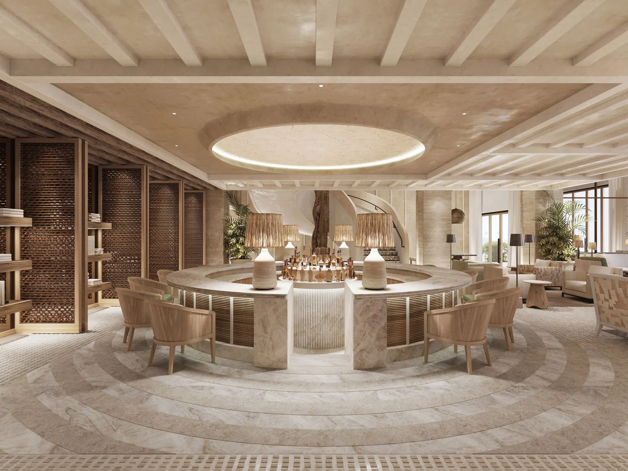 Luxurious lounge with circular bar, wooden chairs, soft neutral tones, and a central skylight. Warm, inviting ambiance with modern, natural decor.