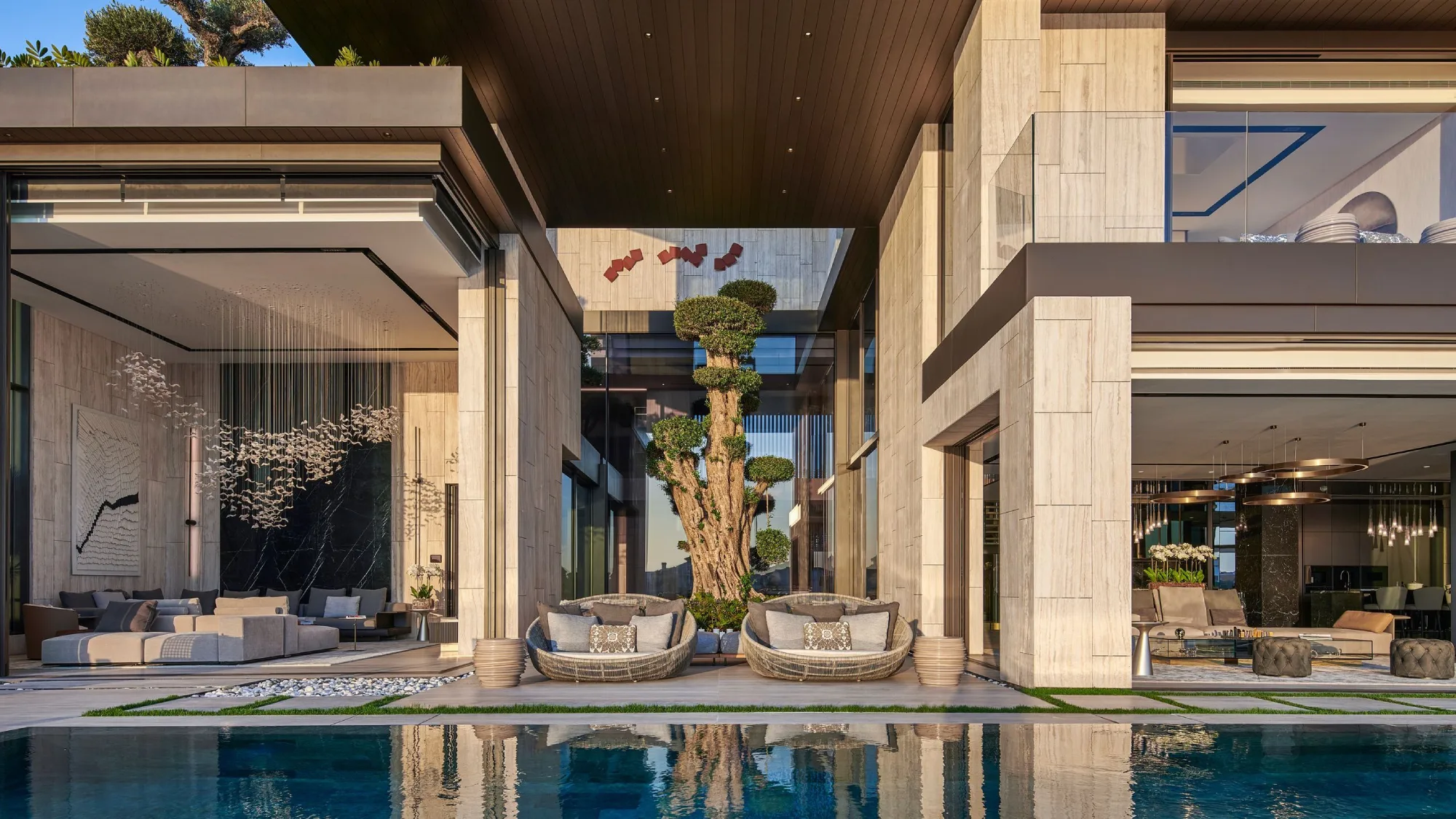 Luxurious modern villa exterior with large windows, a manicured bonsai tree, and a pool in the foreground reflecting the serene, elegant design.