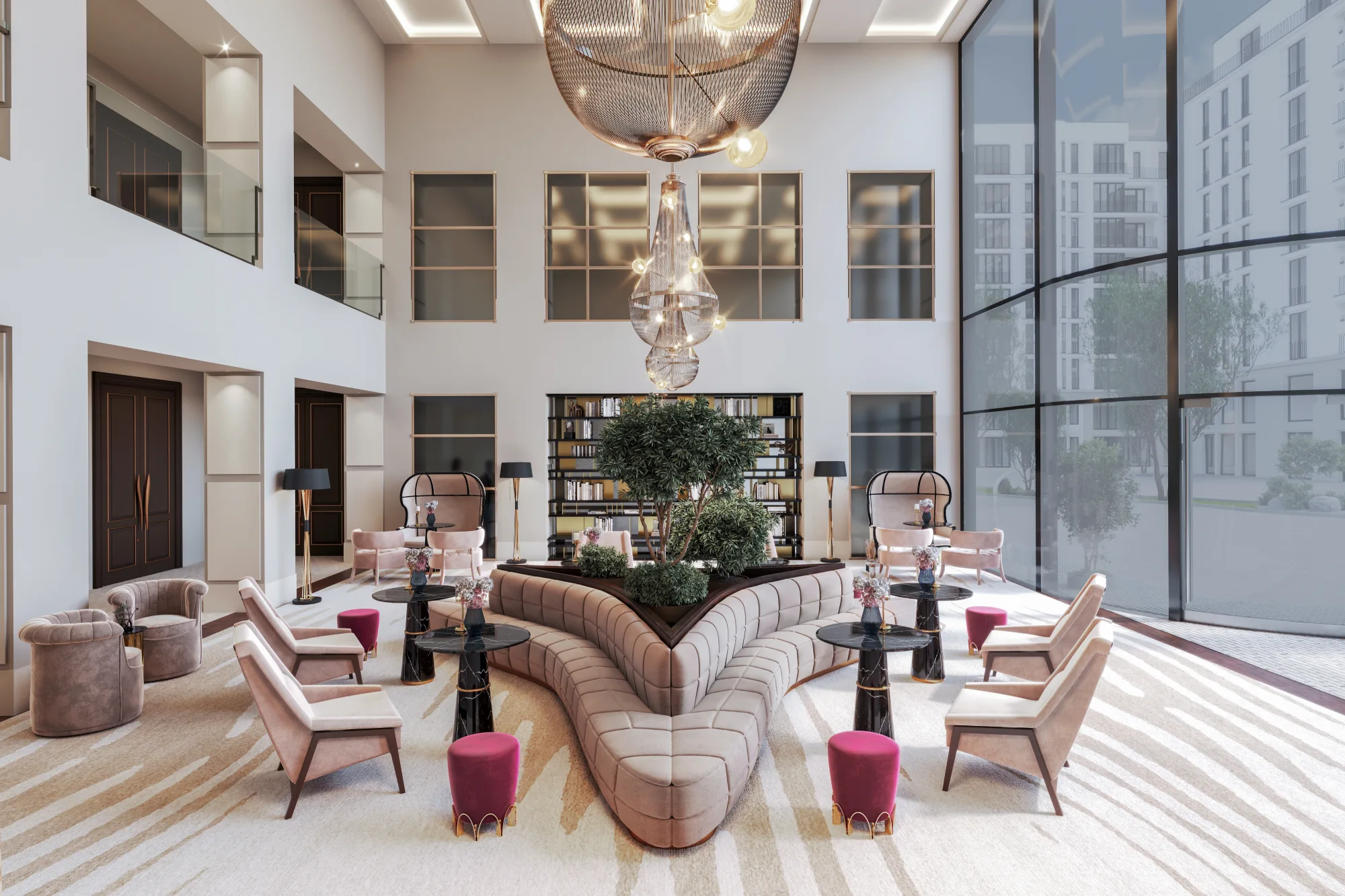Spacious modern lobby with high ceilings, large windows, elegant seating, and a central plant display. Soft pink and beige tones create a welcoming atmosphere.