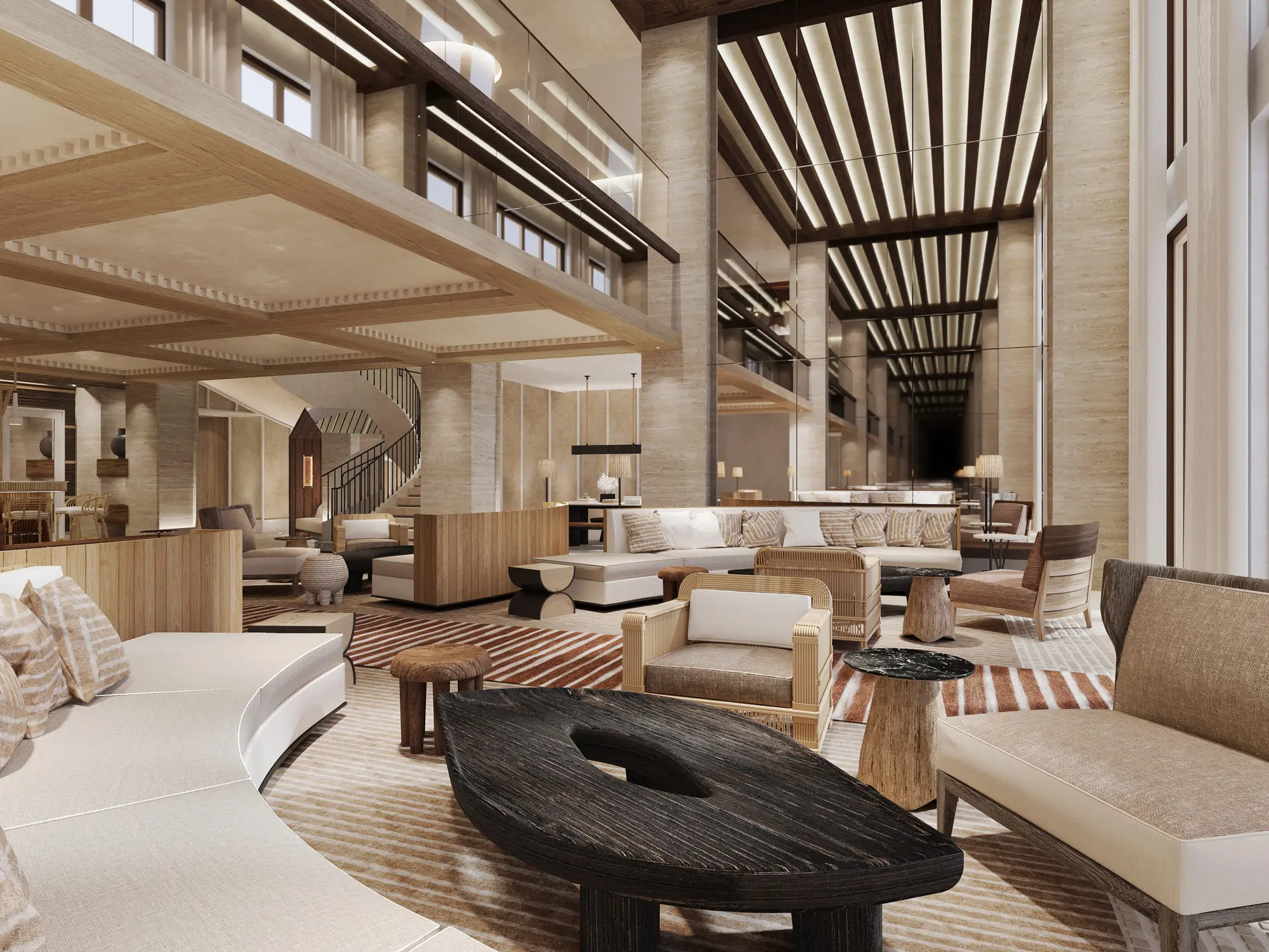 Spacious modern living room with neutral tones. Features stylish wooden furniture, plush seating, elegant light fixtures, and large windows.
