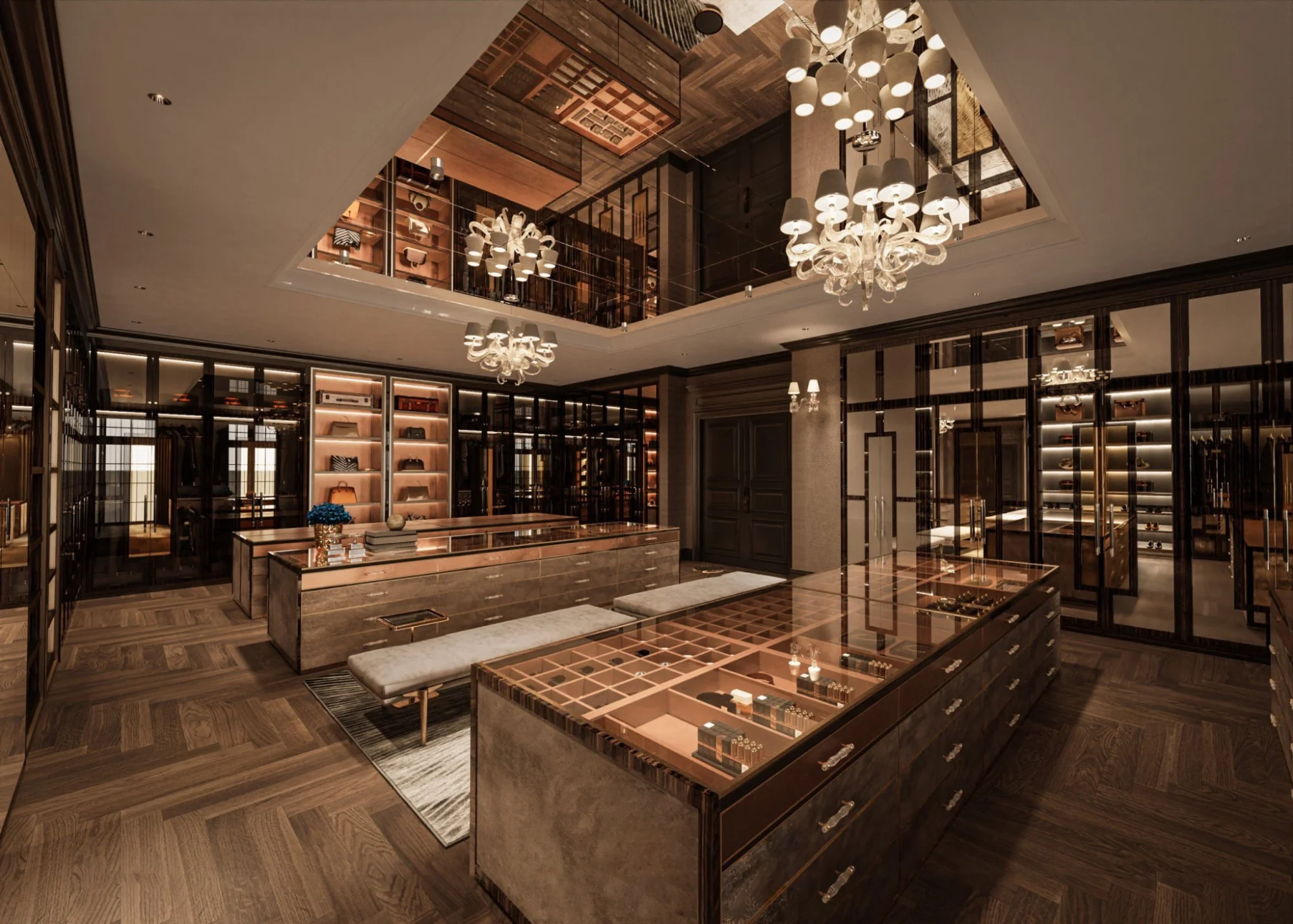 Luxurious walk-in closet with wooden floors, elegant chandeliers, glass display cases, and shelves with handbags. Warm lighting creates a sophisticated ambiance where fashion and interior design converge.