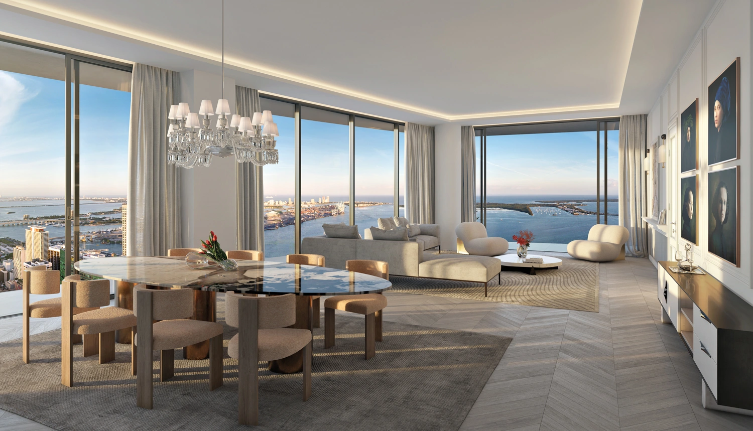 Luxurious open-plan living room with large windows offering a stunning ocean view. Features elegant dining area, plush seating, and modern décor.
