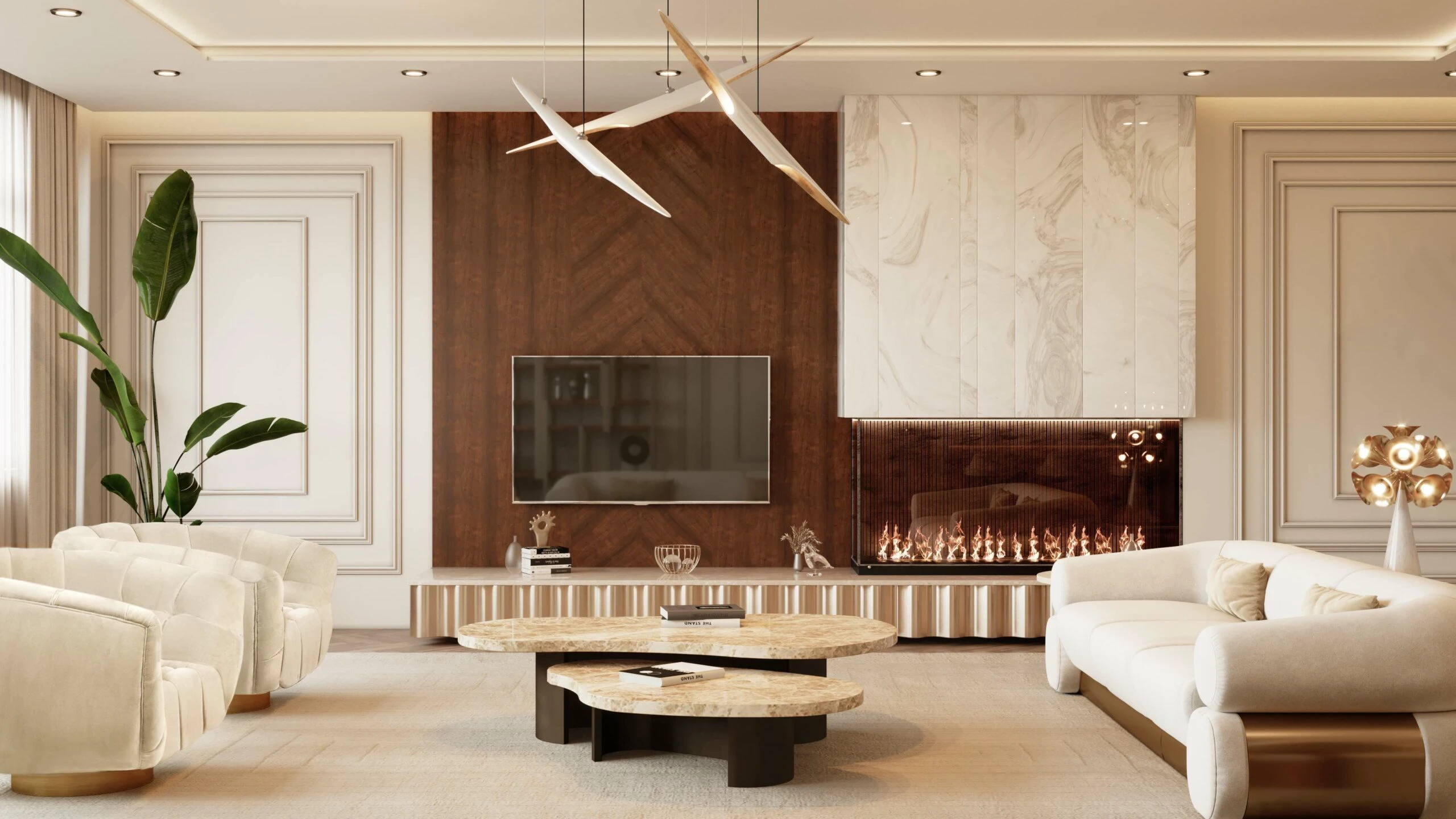 Luxurious living room with elegant white sofas, a wooden panel wall, a modern TV, geometric coffee tables, and a sleek linear fireplace. Warm, sophisticated ambiance.