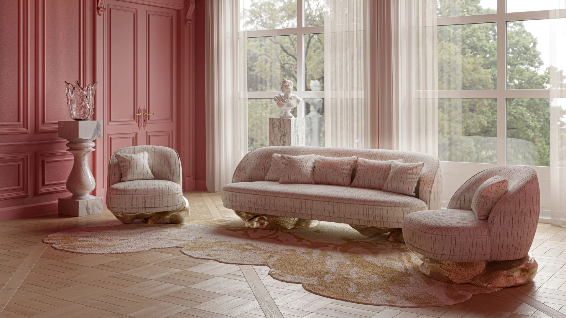 Elegant living room with pink walls, featuring a plush sofa and two chairs on a decorative rug. Large windows offer a view of green trees, creating a serene ambiance. The use of the same colro pallete throughout is representative of monochrome luxury interiors. 