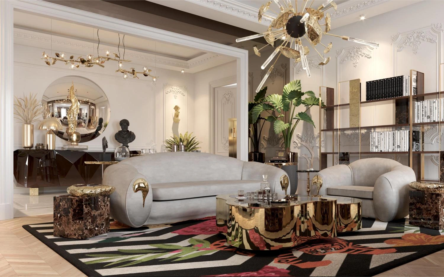 Luxurious living room with beige sofas, gold accents, and ornate decor. Elegant chandelier, bold patterned rug, and a mix of modern and classic styles.