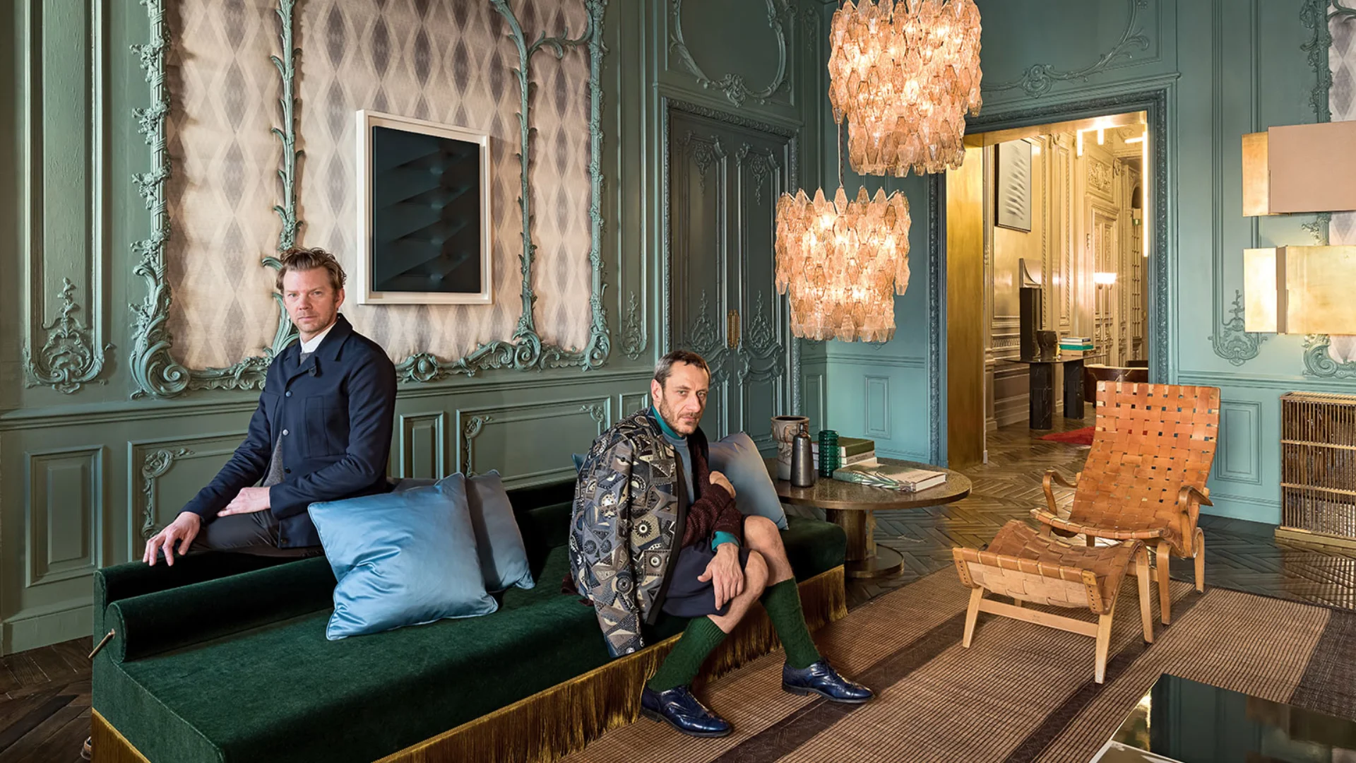 Dimore Studio atmospheric interior design with maximalist layered luxury interiors, velvet furniture, vintage lighting and moody Milanese aesthetic