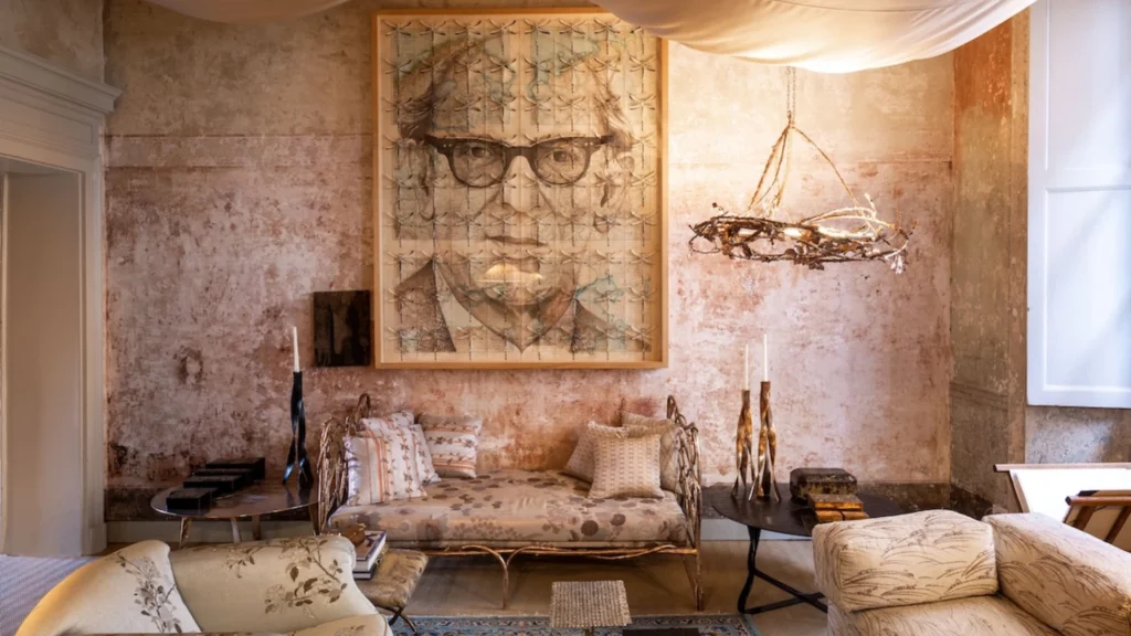 Dimore Studio atmospheric interior design with maximalist layered luxury interiors, velvet furniture, vintage lighting and moody Milanese aesthetic