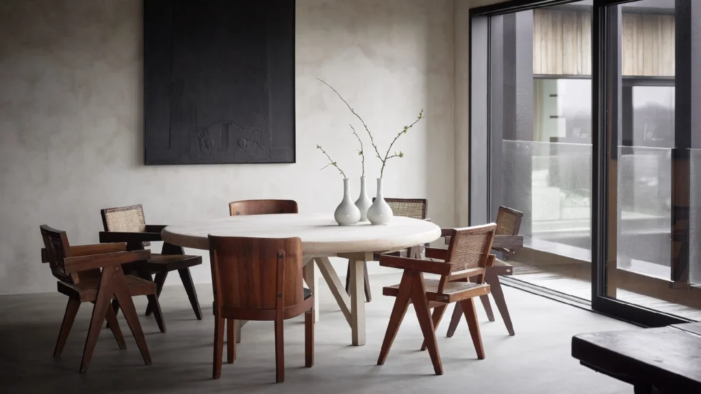 Axel Vervoordt minimalist luxury interiors featuring neutral interiors, textured plaster walls, natural stone floors, reclaimed wood, linen furnishings, and serene wabi-sabi inspired architectural spaces filled with soft natural light.