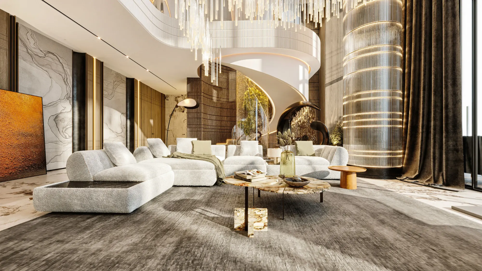 A luxurious, spacious living room with plush gray sofas, modern decor, and dramatic, golden lighting fixtures creating a warm and elegant ambiance.