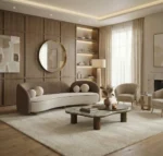 A modern living room with a deolin coffee table, by Nolita Harbour, that anchors a seating area with measured presence.