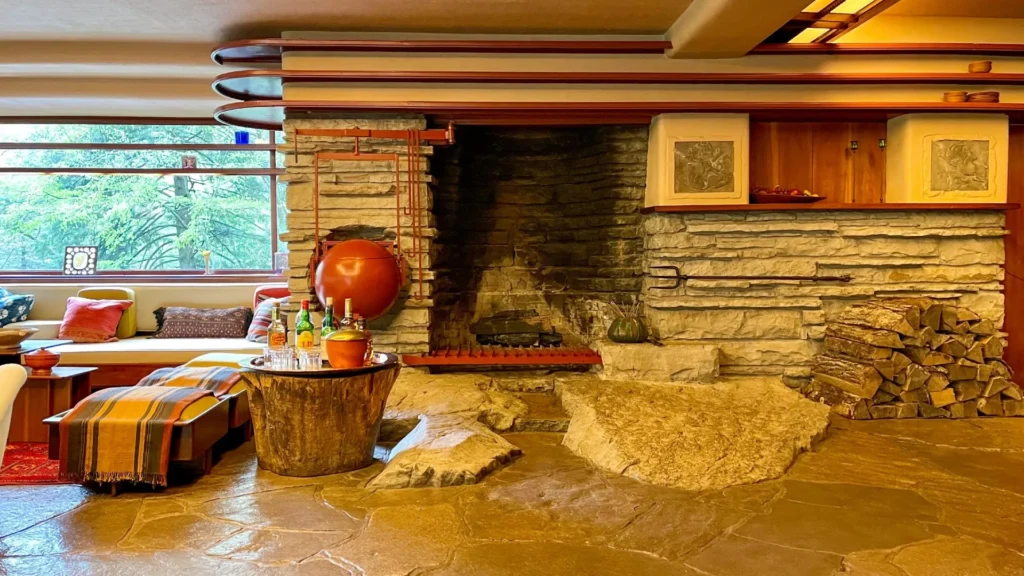 Fallingwater by Frank Lloyd Wright, the iconic organic architecture house built over a waterfall in Pennsylvania.