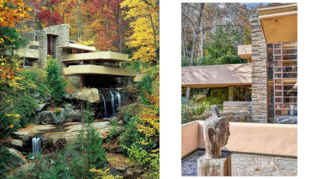 Fallingwater by Frank Lloyd Wright, the iconic organic architecture house built over a waterfall in Pennsylvania.