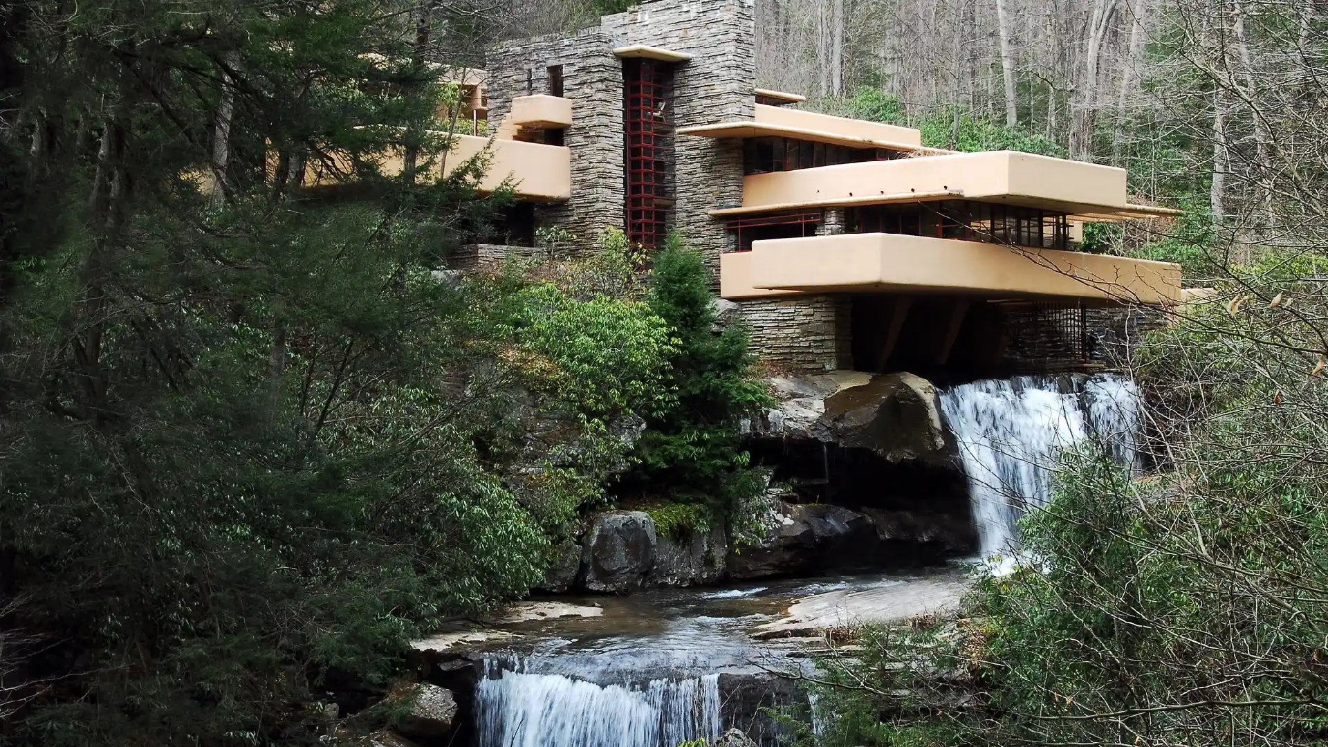 Fallingwater by Frank Lloyd Wright, the iconic organic architecture house built over a waterfall in Pennsylvania.