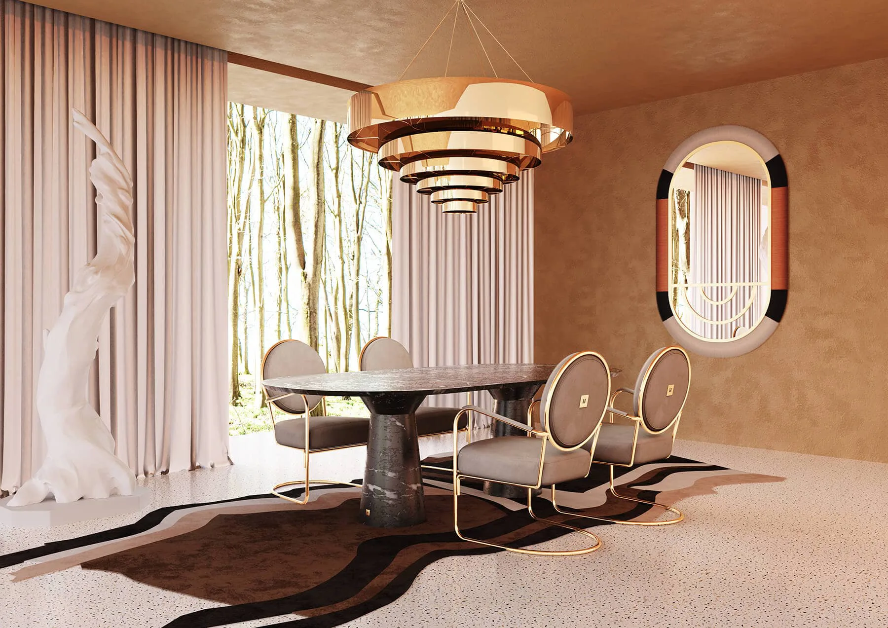 Elegant dining room with a modern table and four circular-backed chairs. A tiered chandelier hangs above, and large windows reveal a forest view.