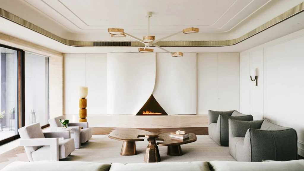 Luxury Hong Kong high-rise apartment living room with panoramic Victoria Harbour skyline view