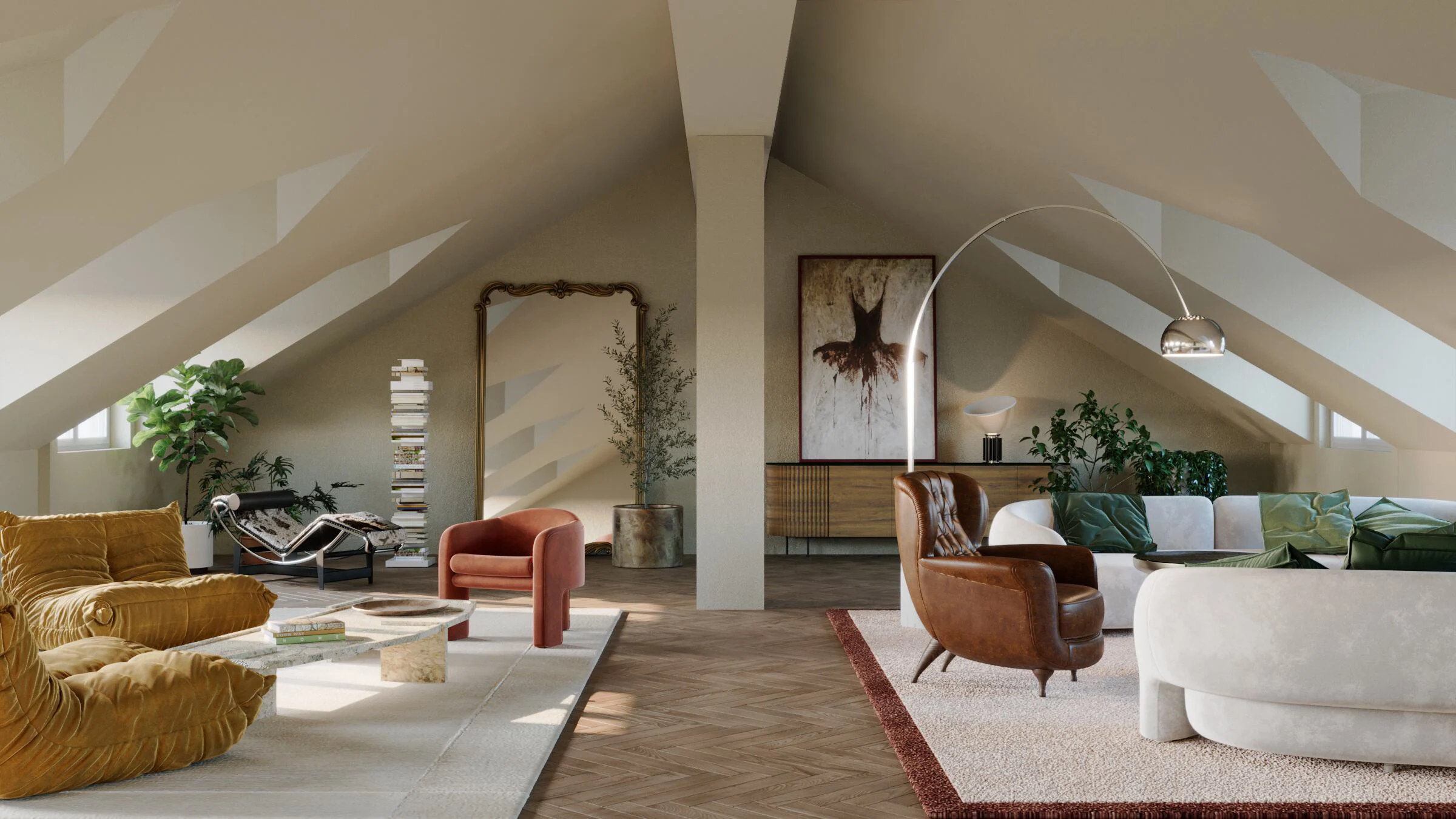 Spacious attic luxury real estate living room with sloped ceilings, featuring eclectic furniture, plants, a floor lamp, and art. Warm, inviting atmosphere.