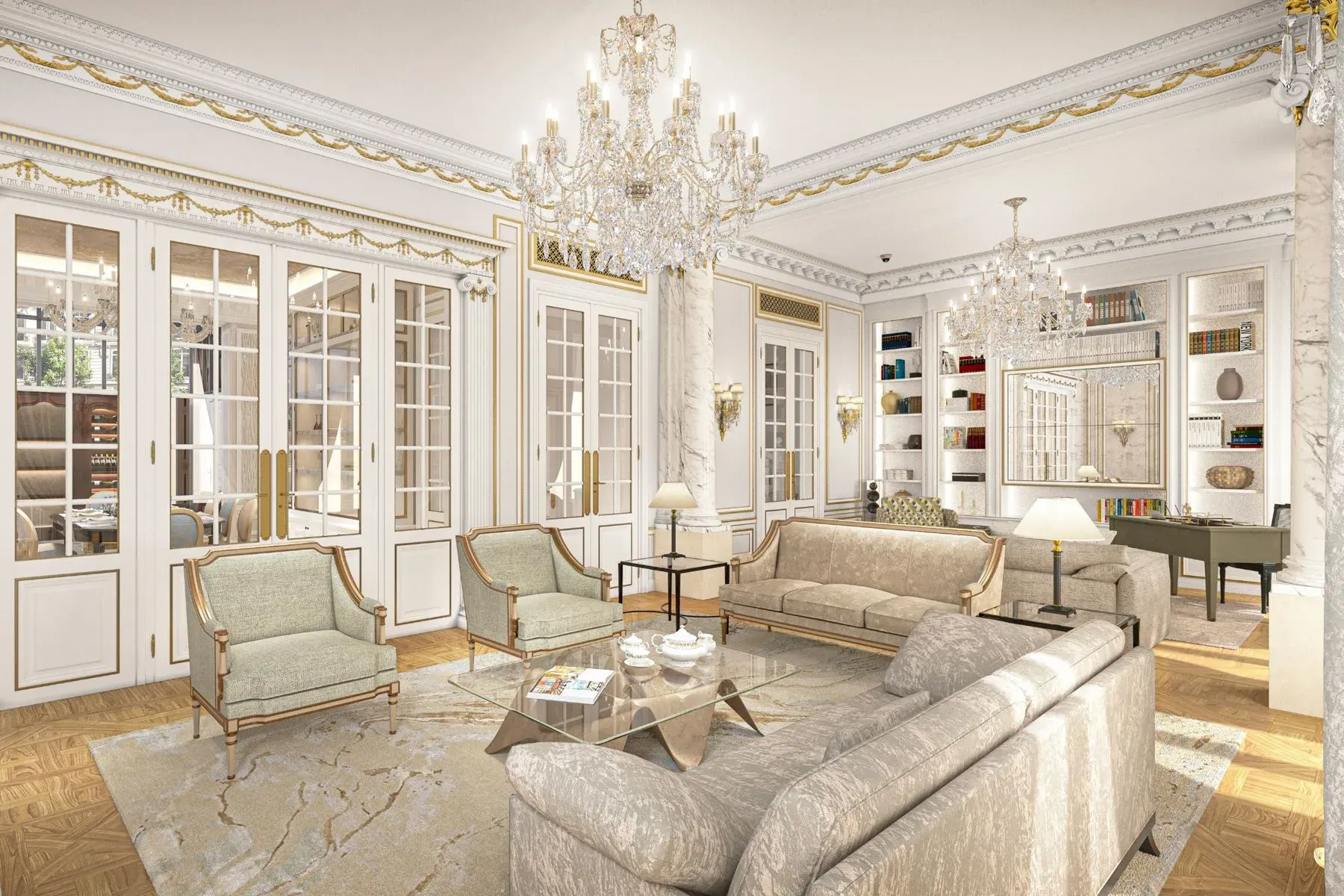 Luxurious living room with elegant chandeliers, ornate moldings, and plush sofas. Glass doors, bookshelves, and a piano create a sophisticated ambiance.