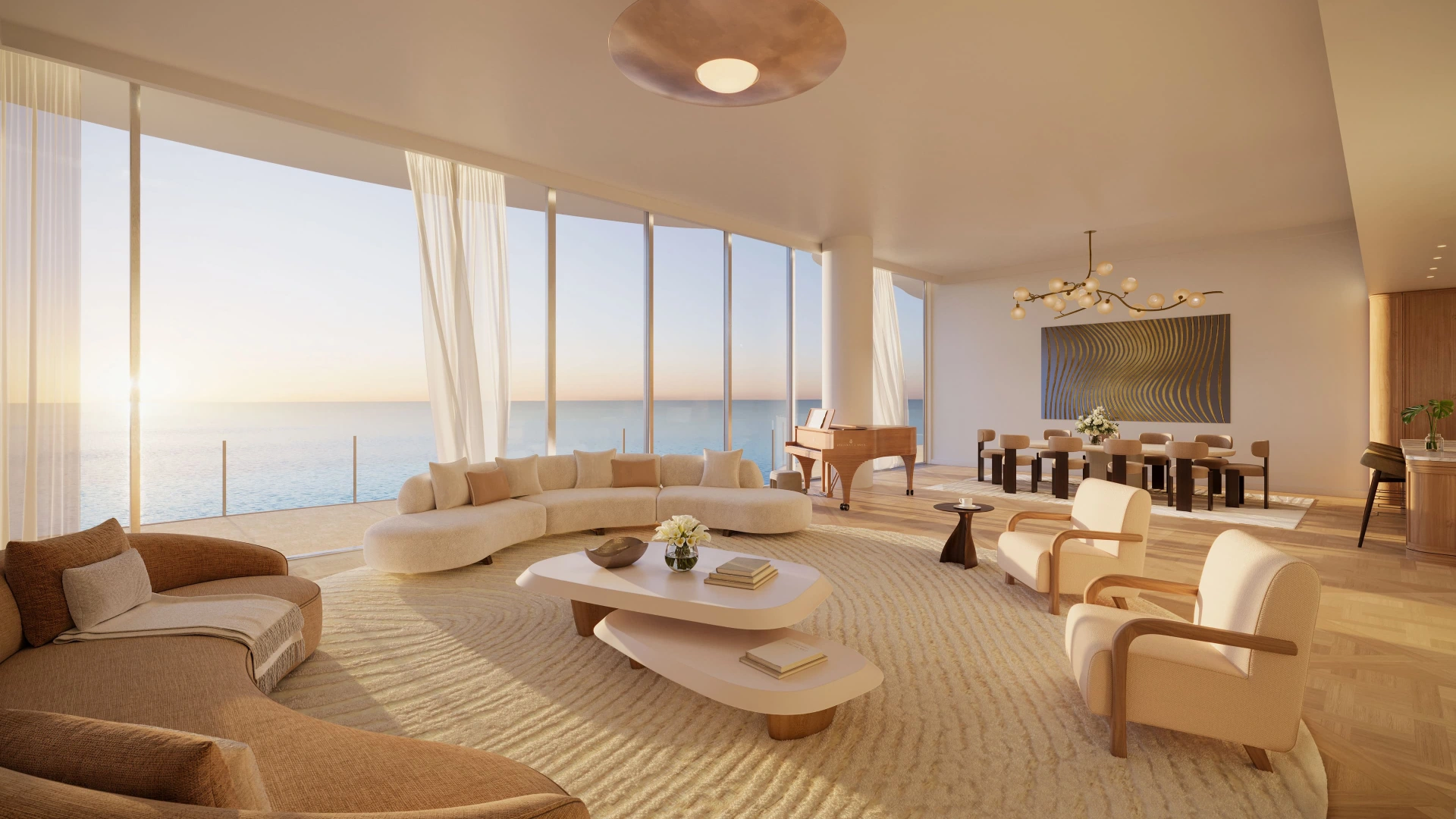 Miami beachfront condo living room with panoramic Atlantic Ocean views and contemporary coastal luxury interior design.
