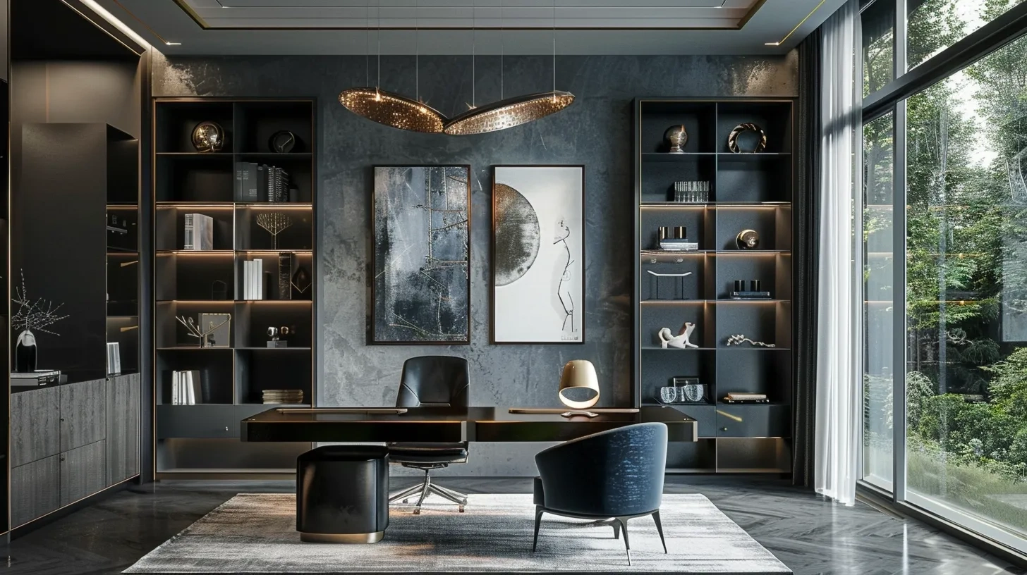 Luxurious office with dark shelves, abstract art, modern lighting, desk with chairs, large window revealing lush greenery, and a cozy, sophisticated ambiance.