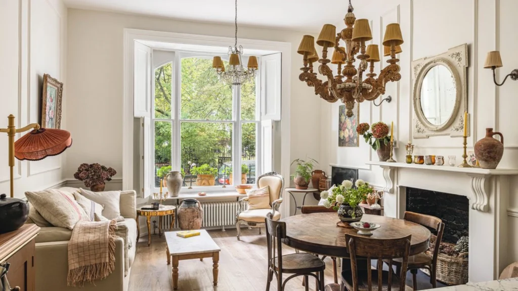 Elegant Notting Hill townhouse living room with a sofa placed between tall French doors, showcasing refined London period home interior design with natural light and garden views.