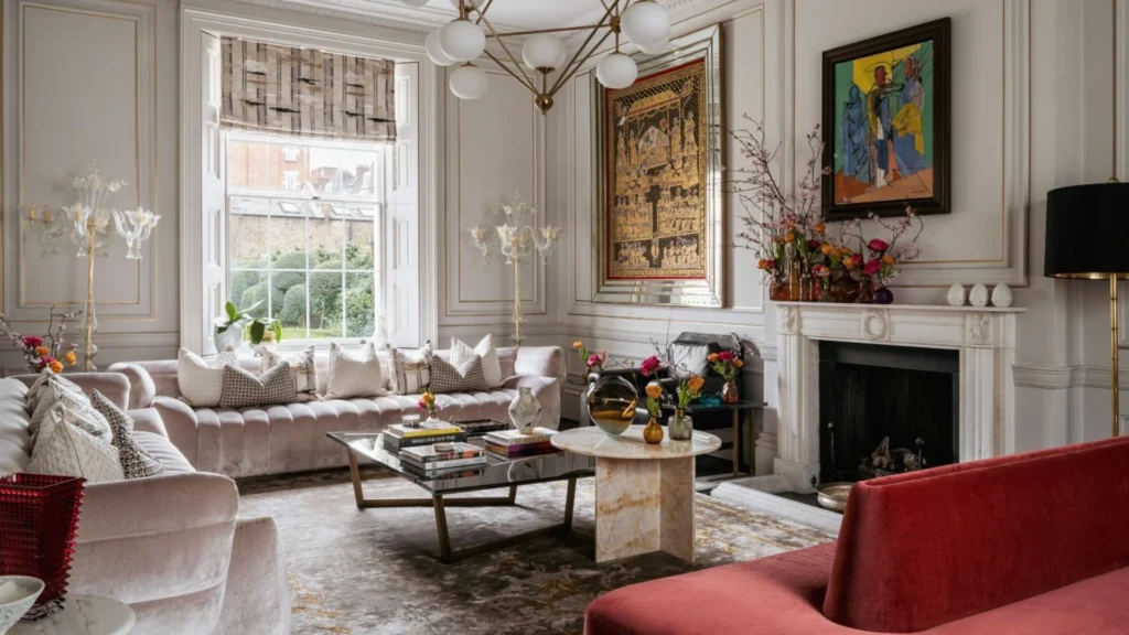 Elegant Notting Hill townhouse living room with a sofa placed between tall French doors, showcasing refined London period home interior design with natural light and garden views.