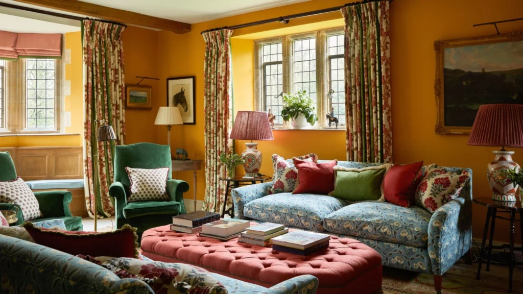 Elegant traditional interiors inspired by Rita Konig featuring classic interior design, layered textiles, antique furniture, warm lighting, and timeless British-style living spaces.