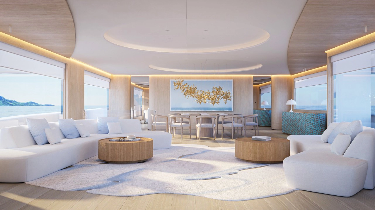 Luxurious yacht interior with modern white sofas, wooden tables, and ambient lighting. Large windows offer ocean views. A serene, elegant atmosphere.