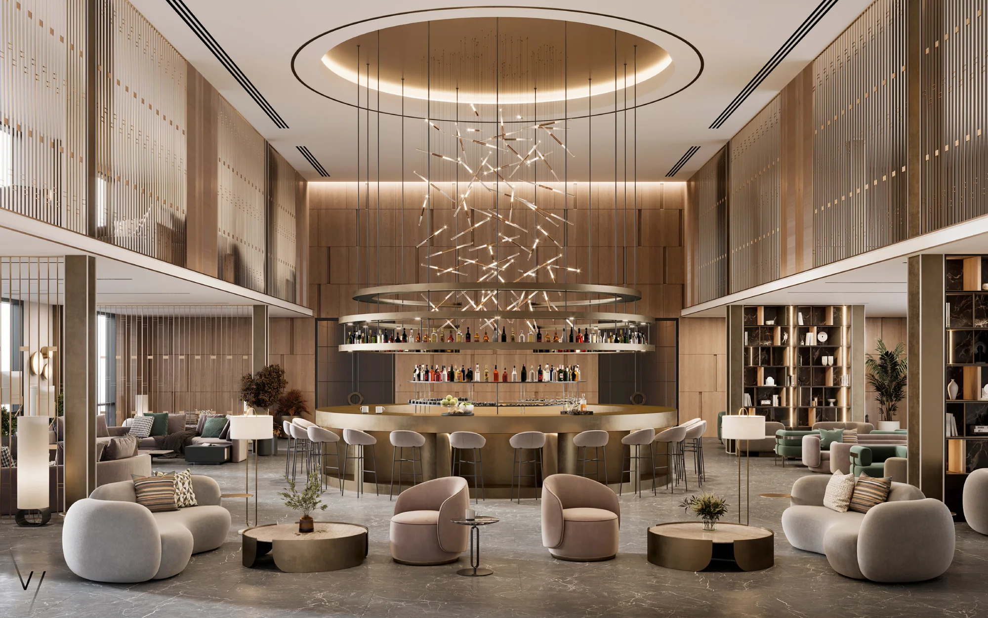 Modern hotel lounge with high ceilings, featuring a central bar with sleek stools, soft seating, and a large abstract chandelier, exuding sophistication.