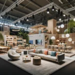 Modern design fair booth featuring modular structure, integrated lighting, and curated interior display, representing design fairs for luxury brands