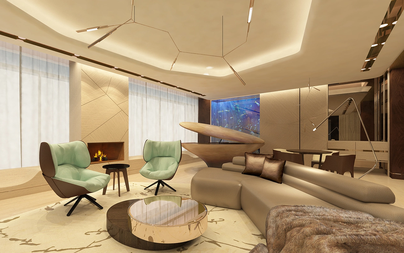 Modern living room with a serene tone, featuring plush mint green armchairs, a sleek brown sofa, a warm fireplace, and abstract ceiling lights.
