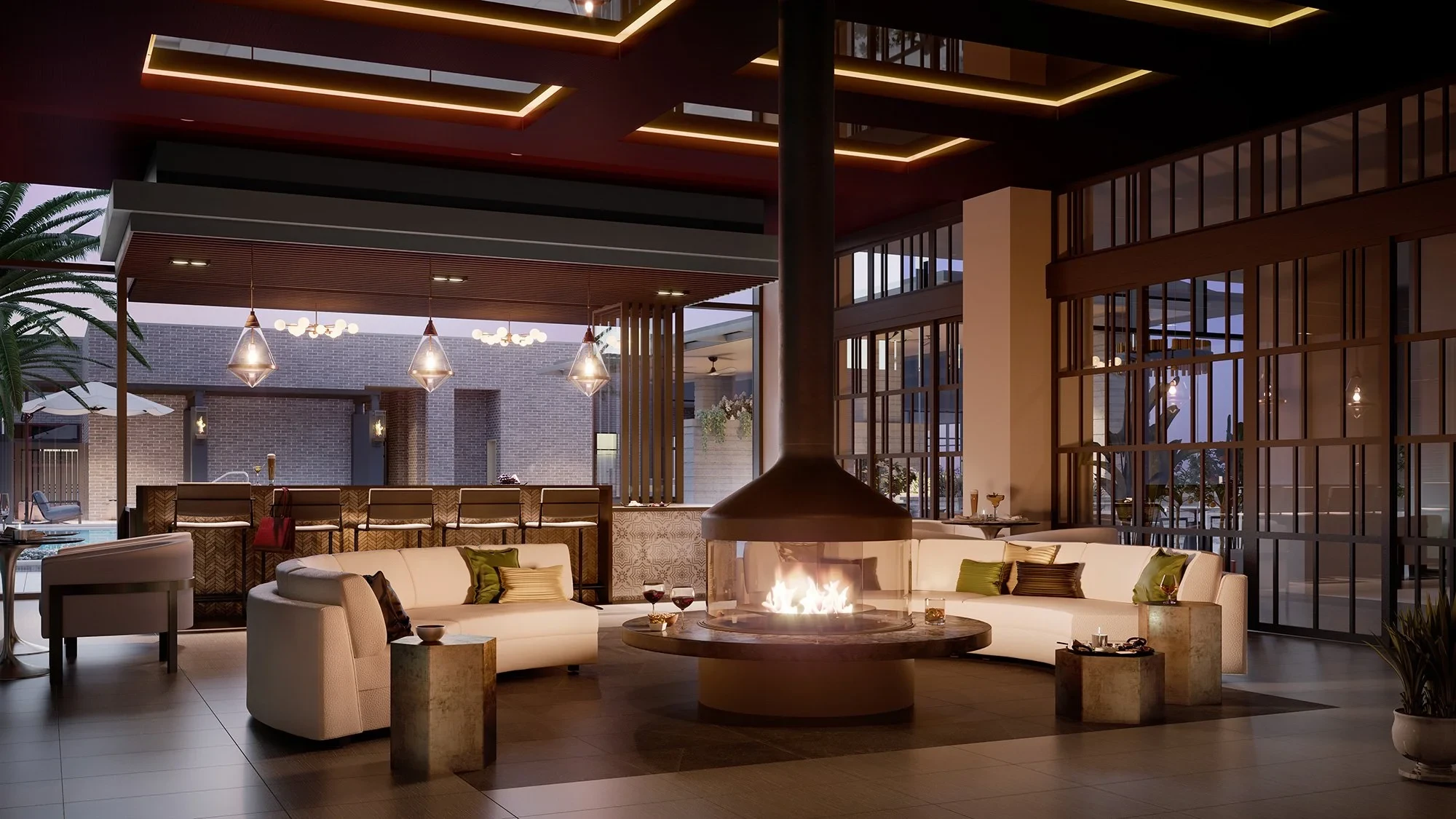Modern hotel lounge with high ceilings, featuring a central bar with sleek stools, soft seating, and a large abstract chandelier, exuding sophistication.