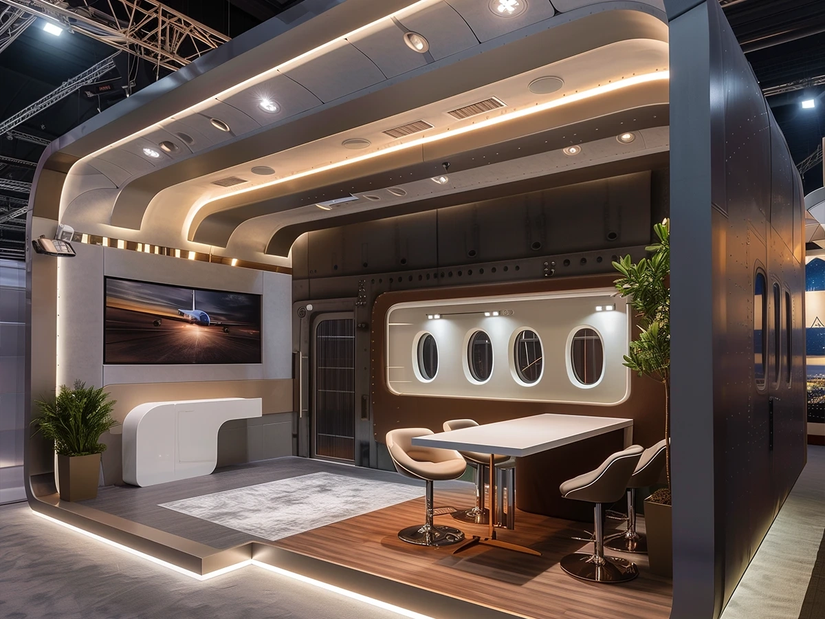 Luxury exhibition booth with modern architectural structure, ambient lighting, and curated brand presentation, representing design fairs for luxury brands
