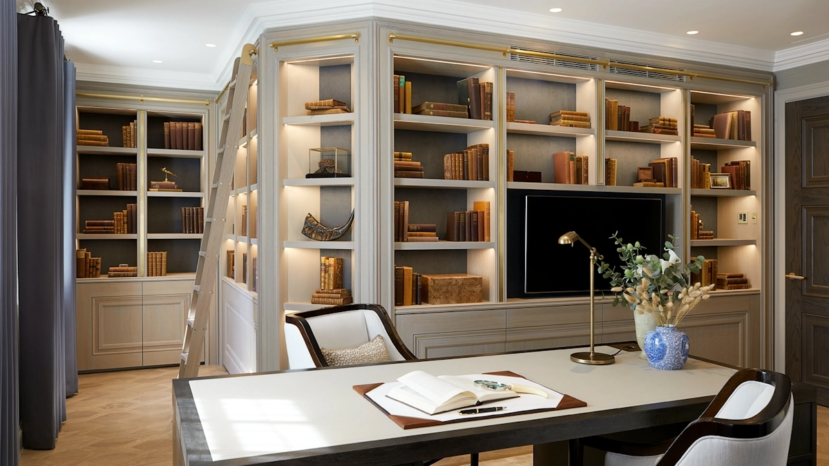Luxurious home library with floor-to-ceiling bookshelves, a rolling ladder, and a desk with an open book and vase of greenery. Warm lighting creates an inviting, cozy atmosphere.