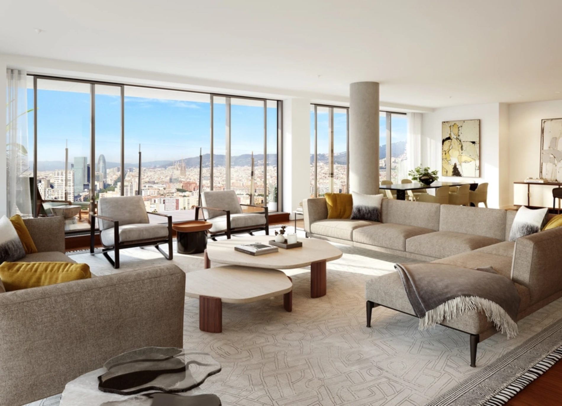 Luxurious living room with beige sofas, soft cushions, and a modern coffee table. Floor-to-ceiling windows reveal a stunning cityscape view.
