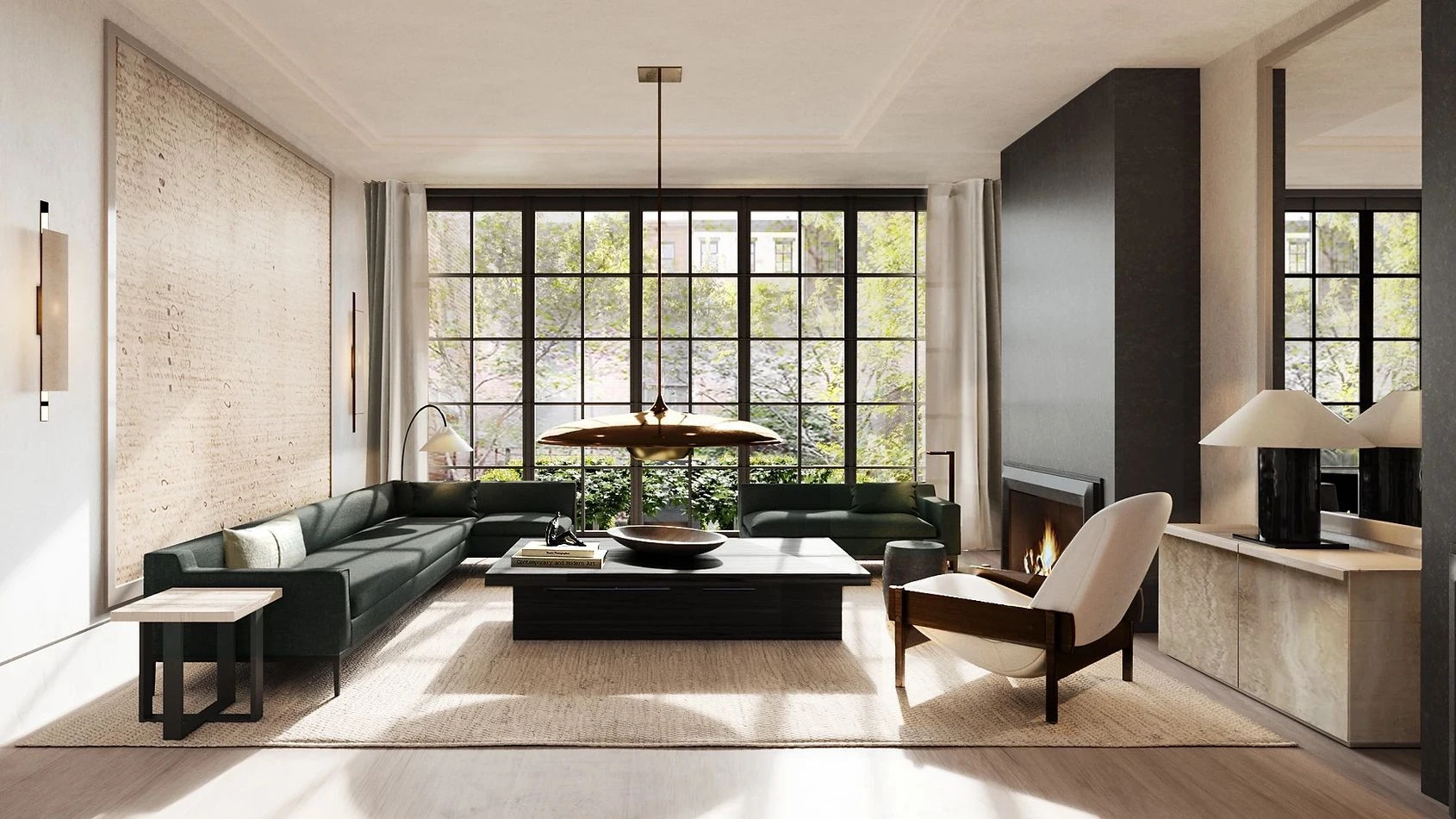 A modern living room with a green sectional sofa, large grid windows, a central black coffee table, and a lit fireplace, exuding a cozy, elegant ambiance.