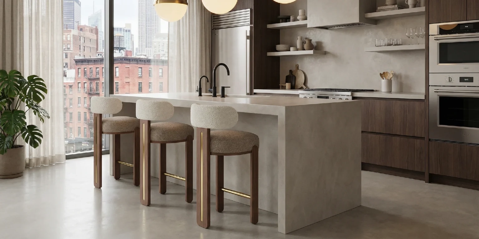 Modern kitchen with a large island, three cushioned Diane bar chairs by Nolita Harbour, and sleek faucets. Natural light streams through a window, creating an inviting ambiance.