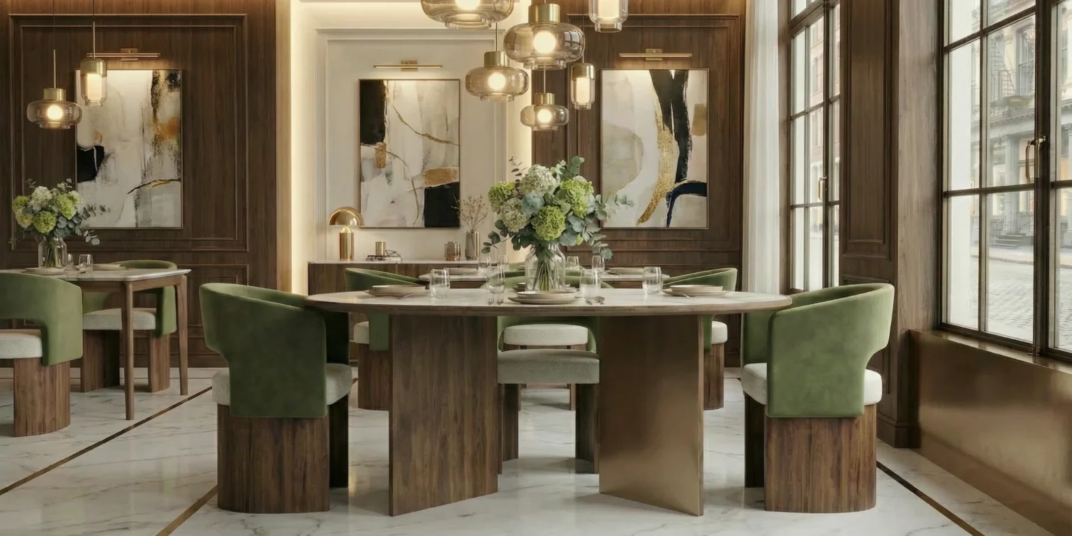 Enjoy dining with the Édith Dining Chair, in a Contemporary Interior designed by Nolita Harbour