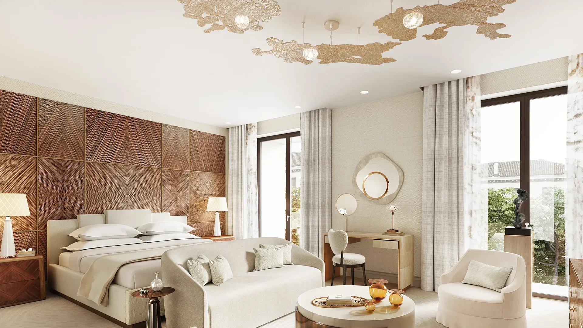 Bedroom with a large bed, wood-paneled wall, cozy seating area, round coffee table, modern decor, two tall windows with curtains, and decorative gold accents on the ceiling, showcasing high-end bedrooms.