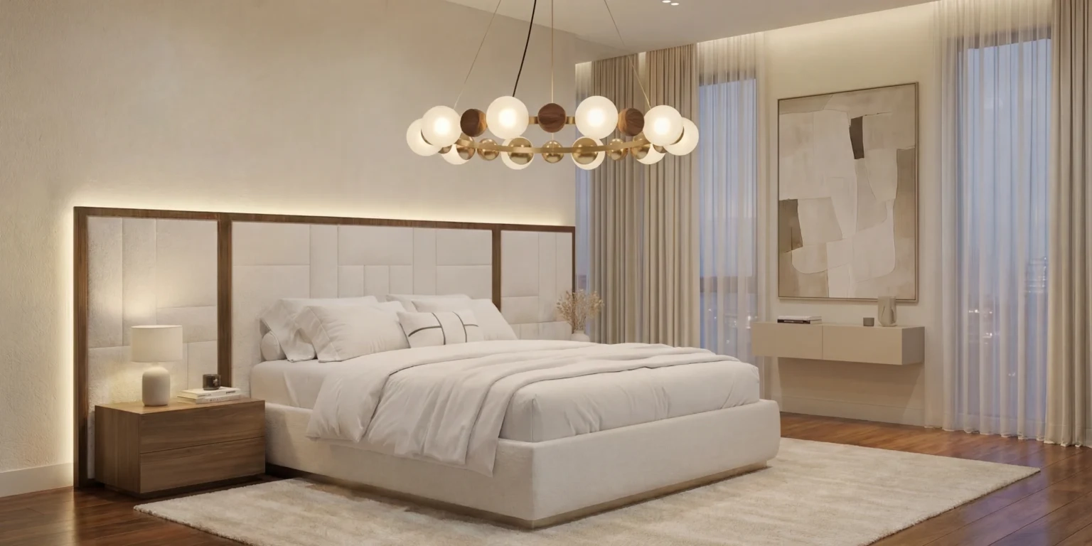 A high-end bedroom featuring the luxurious Hudson Bed by Nolita Harbour, neutral bedding, wooden nightstand, abstract wall art, light curtains, and a gold chandelier with globe lights - all in soft beige and cream tones.