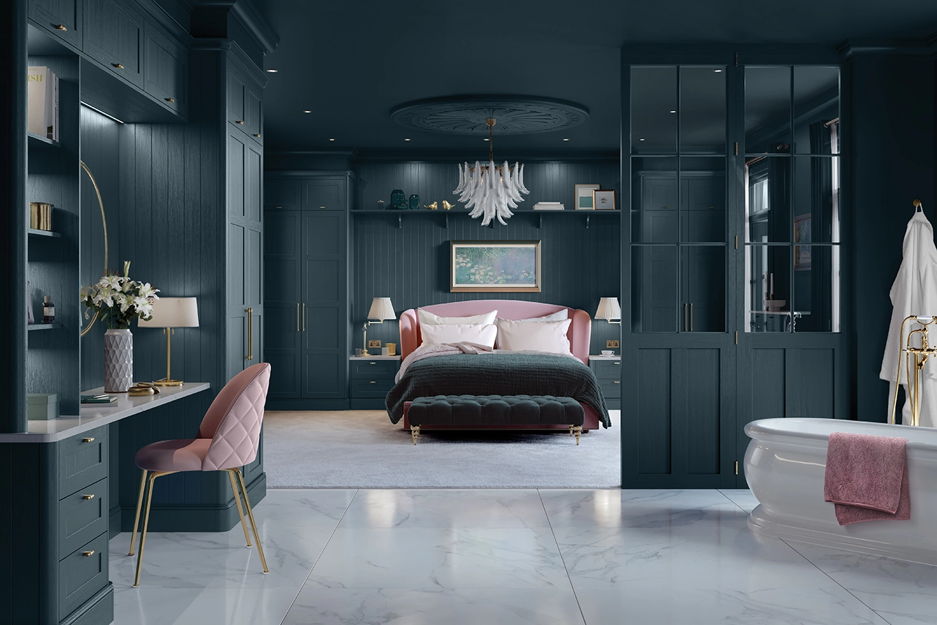 Luxurious high-end bedroom in dark teal with a pink upholstered bed, matching pink chair at a vanity, marble floor, chandelier, freestanding bathtub, and soft lighting creating an elegant, modern atmosphere.