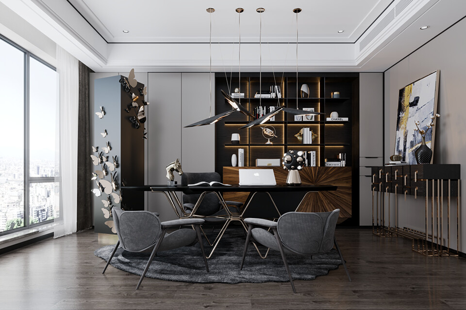Luxurious modern office with sleek black furniture, abstract art, and a bookshelf. Pendant lights hang above a glass table with gray chairs. Large windows provide city views, creating a sophisticated atmosphere.