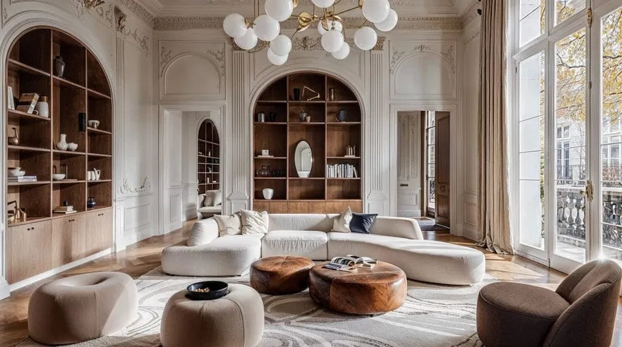 Modern classic living room featuring neutral color palette, elegant furniture, soft lighting, and refined materials reflecting a contemporary luxury interior lifestyle and timeless design aesthetic.