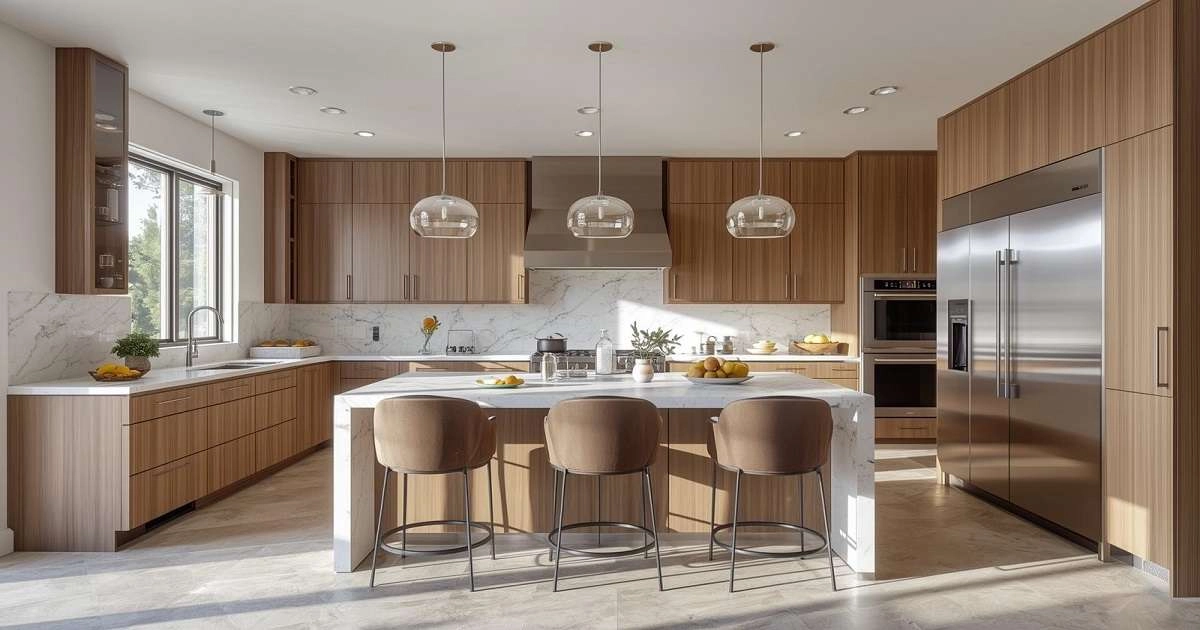 Modern kitchen with wood cabinets, marble countertops, and a large island. Pendant lights hang above, with barstools and natural light streaming in, a beautiful design for luxury open kitchens.