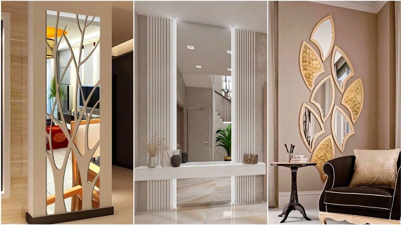 Three modern interior spaces feature creative mirrors in luxury interior design. Left: mirrored tree design; center: large rectangular mirror with decor; right: leaf-shaped mirrors.