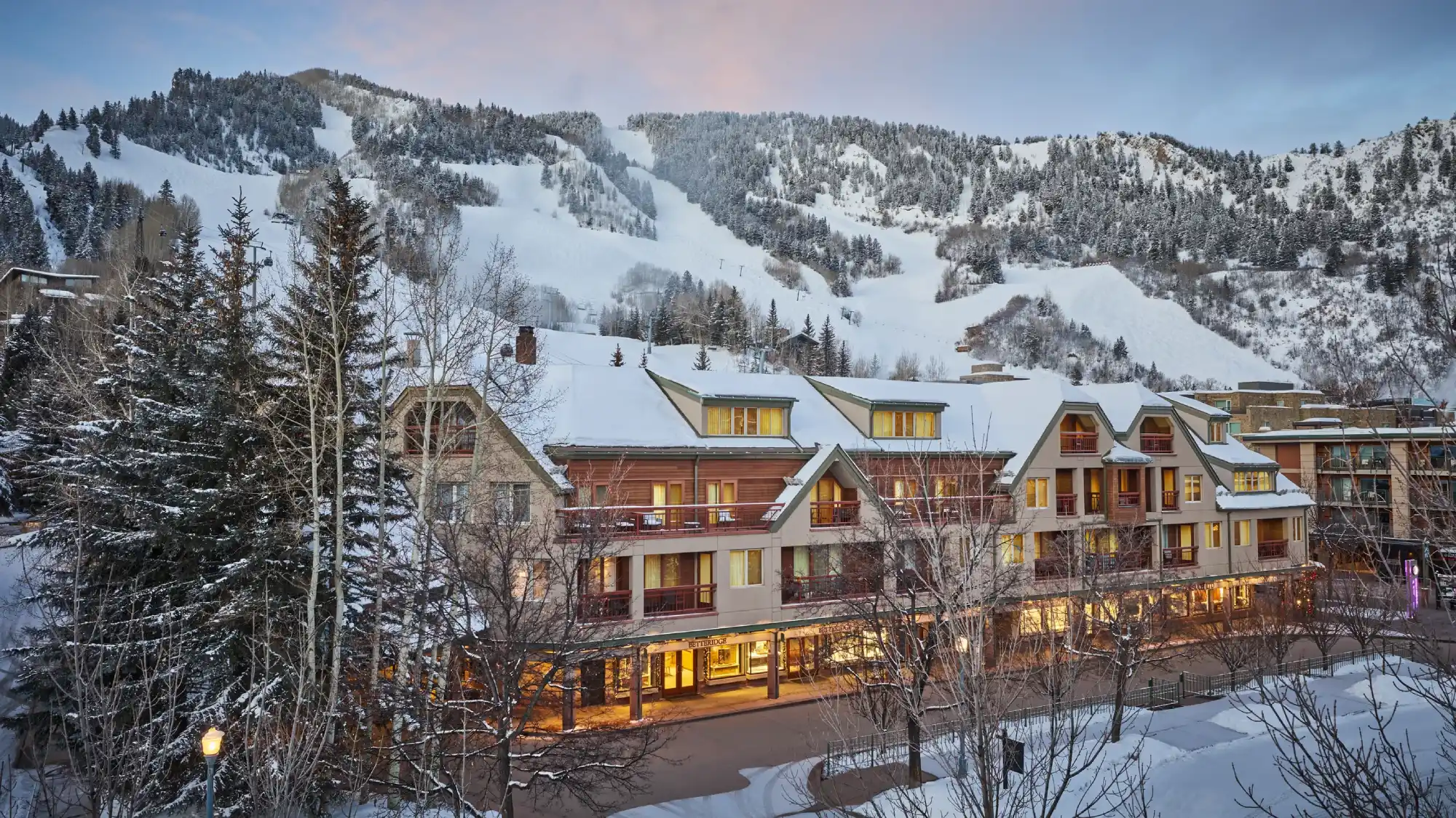 Snow-covered mountain and sky backdrop The Little Nell Hotel in Aspen, surrounded by bare trees in a serene winter setting.