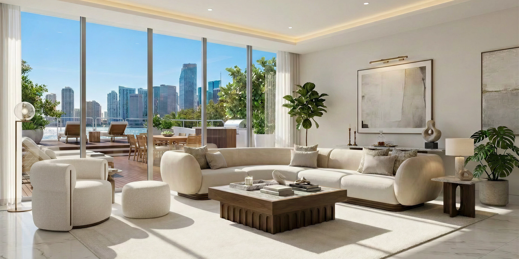 Miami living room with Nolita Harbour furniture, like the Léna coffee table and a bespoke Vini Sectional Sofa.